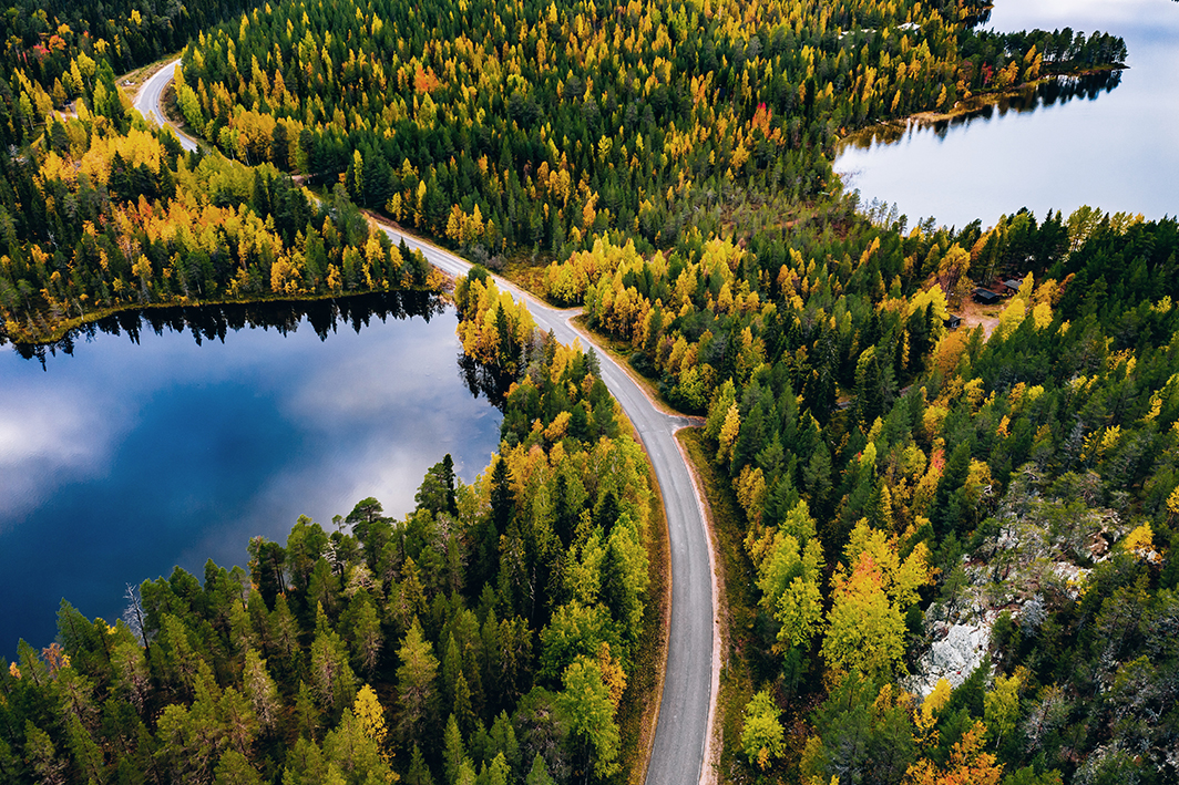 Immagine aerea di una strada che attraversa una foresta svedese vicino a un lago.