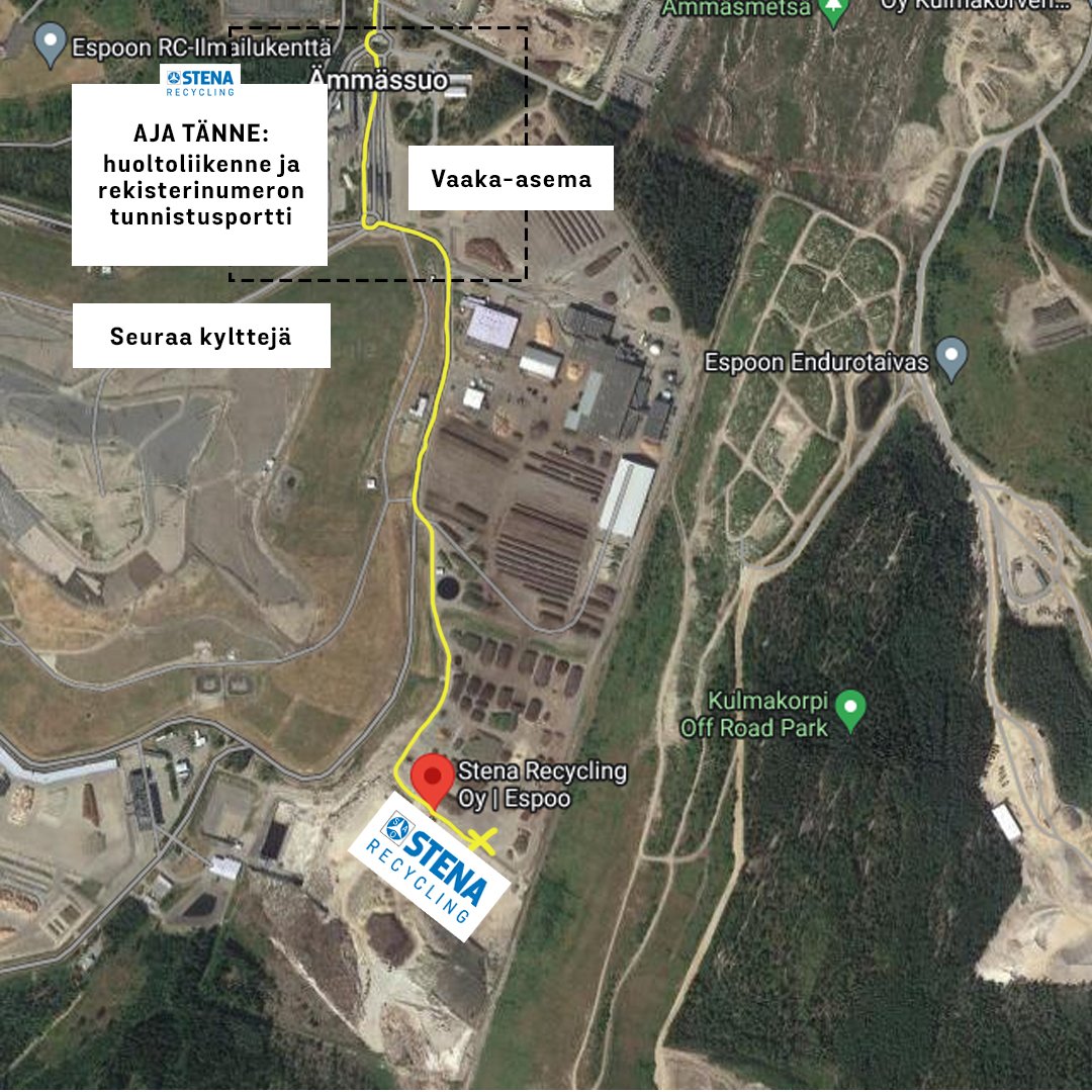 Stena Recyclingin kierrätysyksikön sijainti merkittynä Espoon Ämmassuon karttaan.