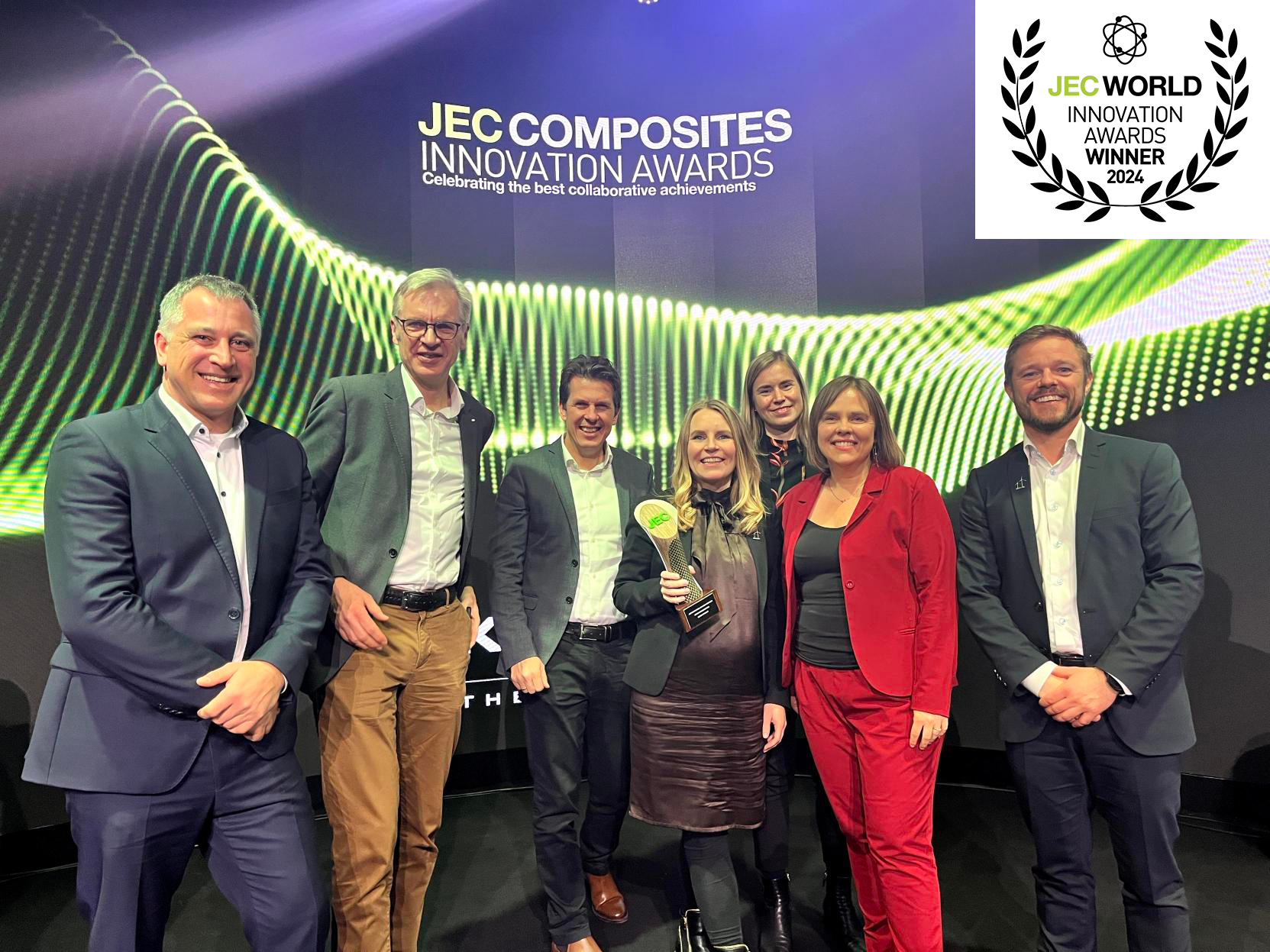 Award winning team 2024 Global Innovation Award by JEC Composites in the Renewable Energies category - Stena Recycling, Vestas Wind Systems, Aarhus University, and Danish Technological Institute