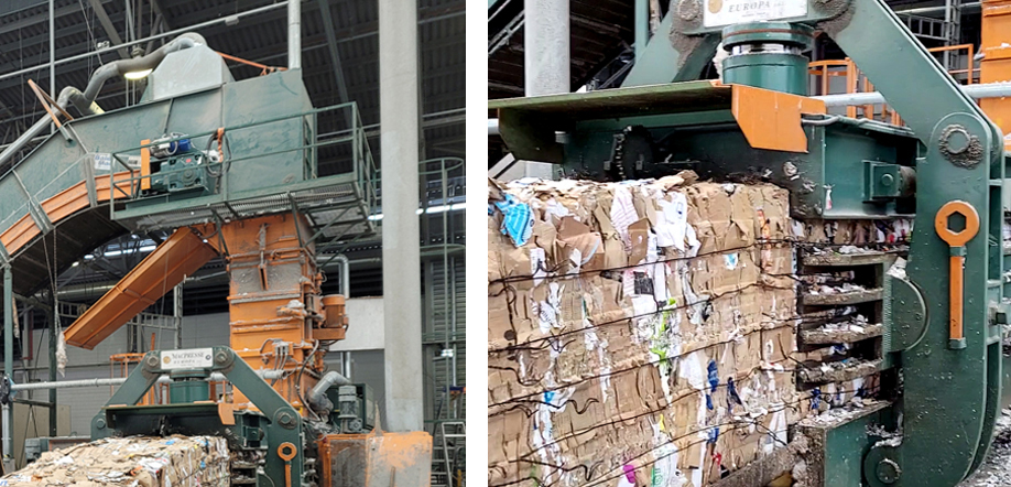 Kartongin kierrätys – kartonginkeräykseen lajiteltua pahvia paalauskoneen käsittelyssä.