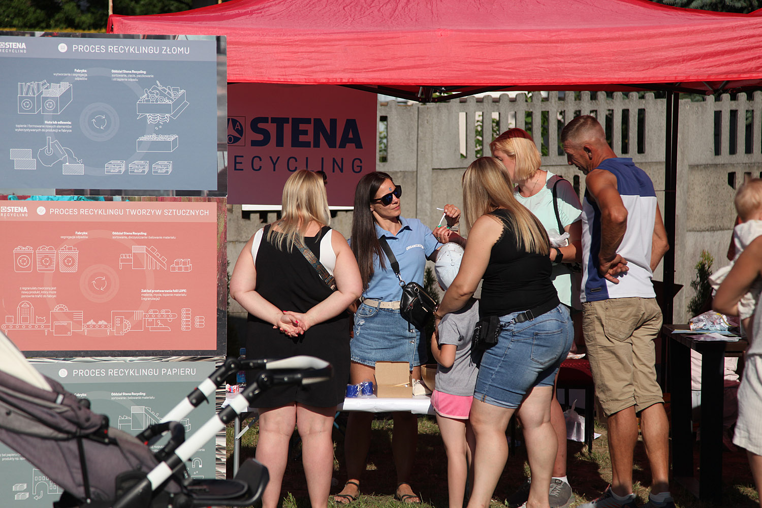 Uczestnicy, ludzie biorący udział w pikniku rodzinny, tablice z procesami recyklingu