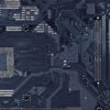 A close-up image of a dark blue circuit board with intricate patterns of electronic components and pathways, representing advanced technology and connectivity.