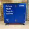 A blue, lockable Stena Recycling transport cabinet use for transporting electronic waste 