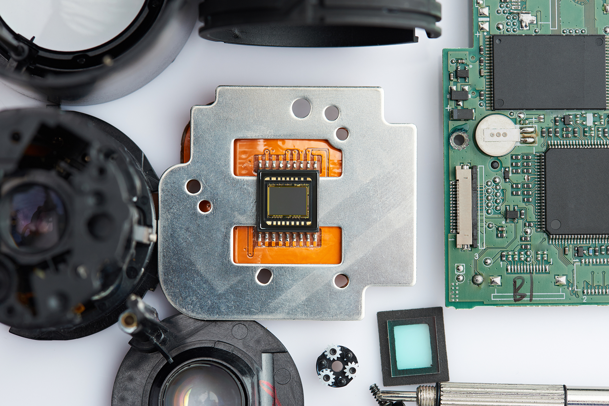 A close-up of a deconstructed electronic product