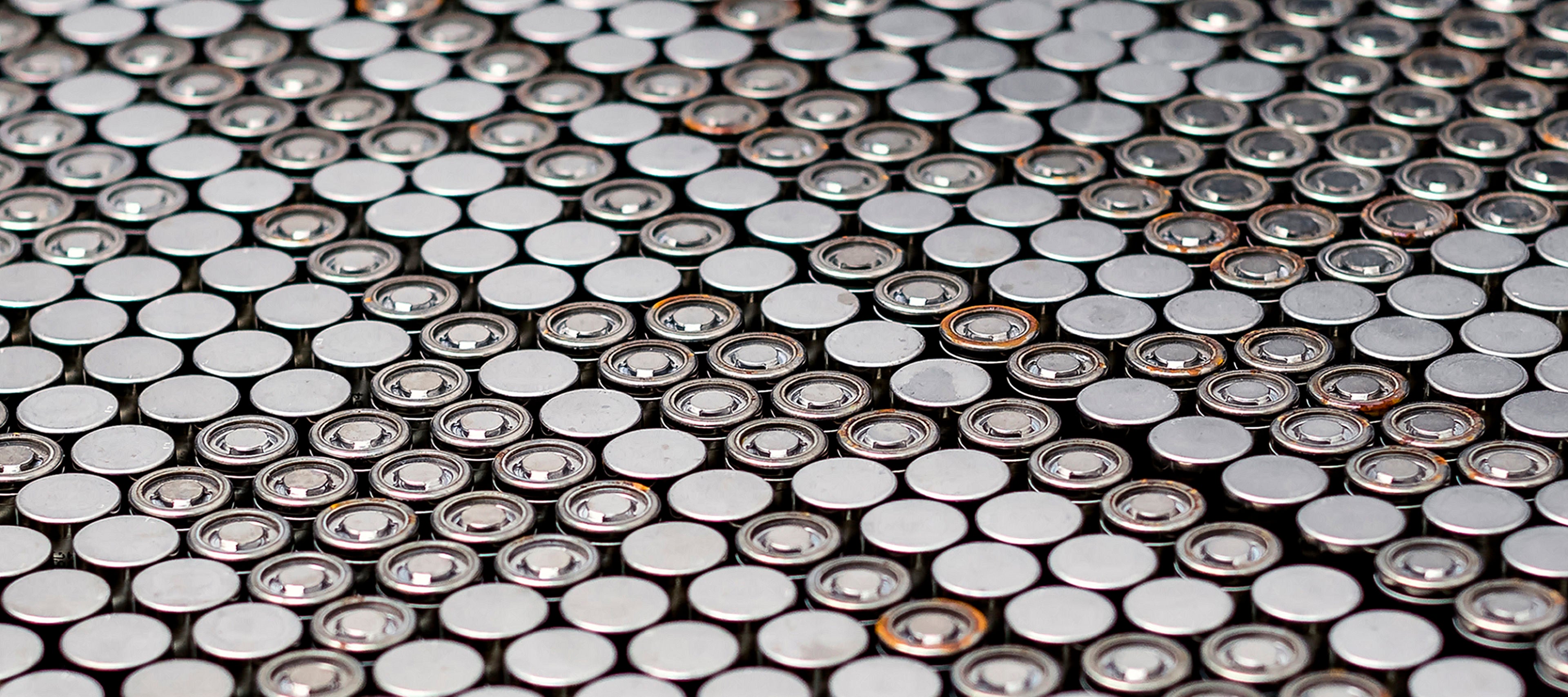 Rows of lithium-ion batteries ready to be reused or recycled by Stena Recycling