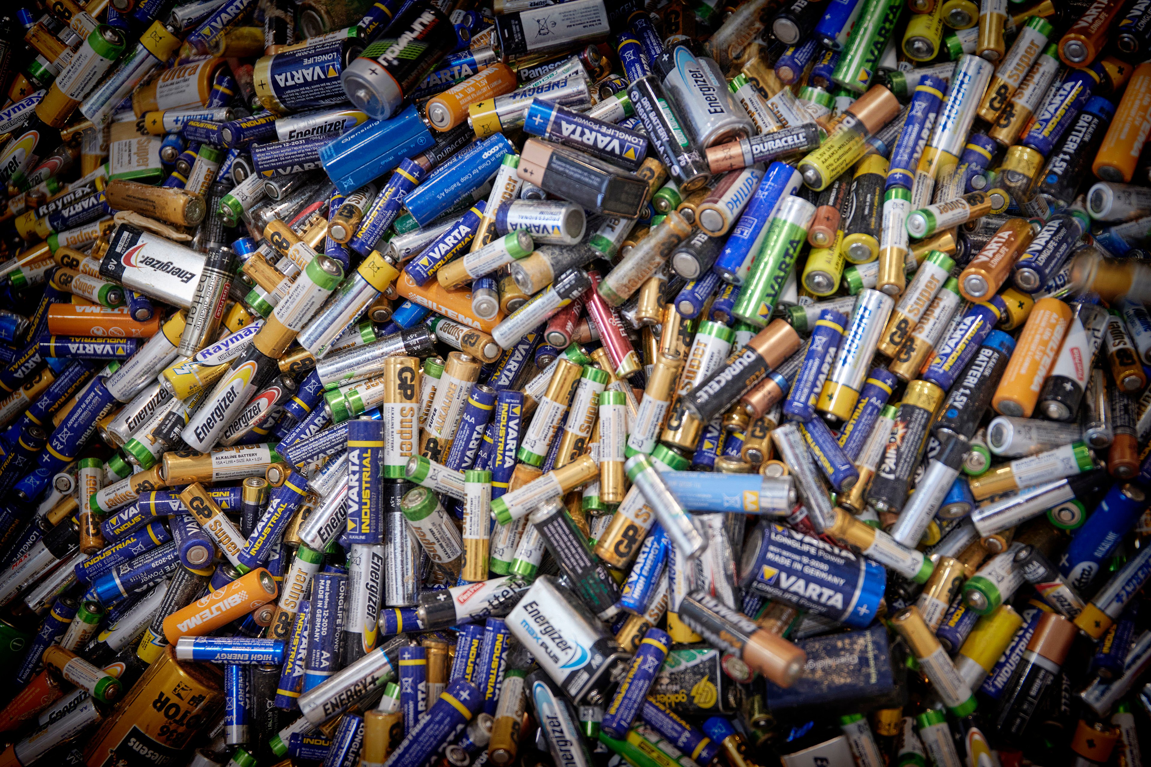A collection of small batteries ready to be recycled or reused by Stena Recycling